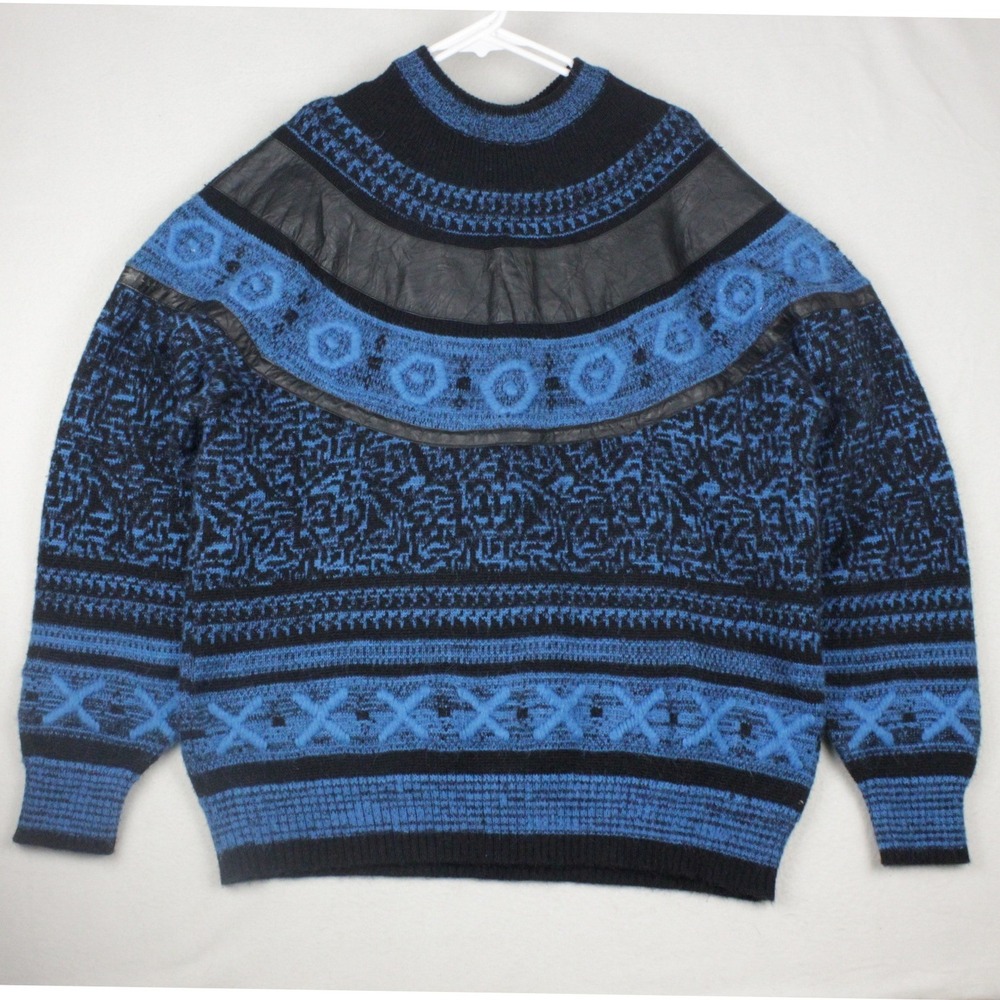 Vintage 80s Mark Elliot Sweater Mens XL Leather Trim Blue Black Geometric